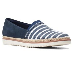 NEW Clarks Collection Serena Paige Suede Slip-On Espadrille Sz 10 Navy Striped